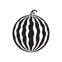 Simple black watermelon fruit icon silhouette with leaves on a white background, modern minimalist style symbolizing freshness and health