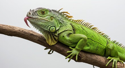 Obraz premium Green Iguana on Branch Vibrant Reptile in Profile, Close-Up View, Exotic Lizard, Reptile Photography