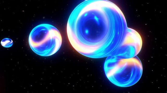 Abstract luminous orbs aligned in space, glowing blues, oranges, and pinks, representing cosmic phenomena or multiverse concept against a dark star-studded backdrop