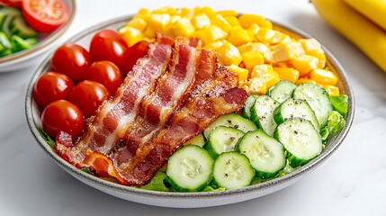 A salad featuring bacon is arranged in a bowl with corn, tomatoes, and cucumber slices on lettuce.