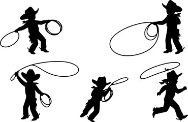 Vector silhouettes of a young cowboy and cowgirl children playing. A young little cowboy with a lasso rope is chasing and roping a young cowgirl.
