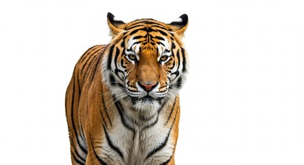 Naklejka premium Majestic Bengal Tiger Powerful Portrait Against a White Background