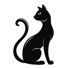 Elegant Black Cat Sitting Silhouette, Feline Grace with Curled Tail, Isolated Design