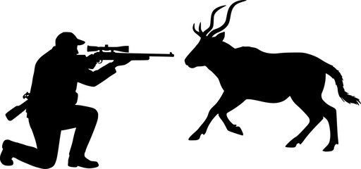 Vector silhouettes of an adult male hunting big game. He's holding a rifle and could be hunting deer, elk, bear, moose, coyote, cougar etc.

