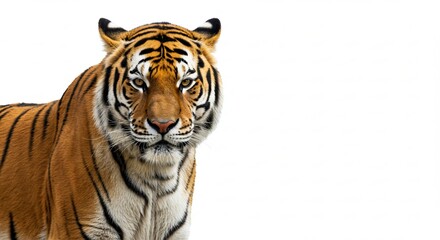 Obraz premium Majestic Bengal Tiger A Stunning Close-Up Portrait Against a White Background. Discover the beauty and power of this endangered species.