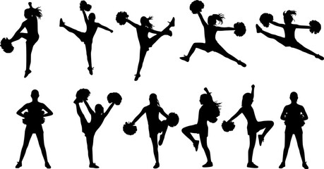 Vector silhouettes of young girls cheerleaders.
