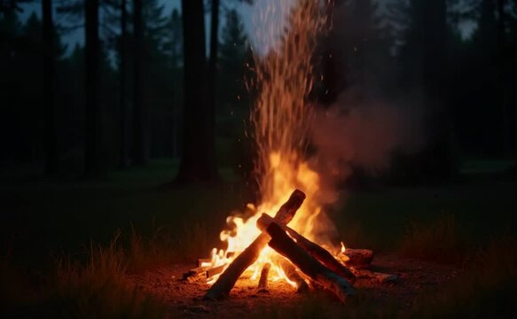 Evening Bonfire Burns in the Pine Forest in the Summer. Flaming Campfire, Place for Bonfire. Fire Pit Outdoors, Wood on Fire, Flying Sparks and Smoke. Travel and Tourism Concept - Slow Motion
