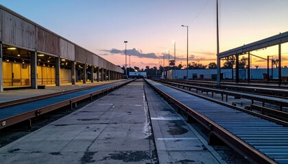Obraz premium Weathered Furniture Warehouse with Conveyor Belts at Dusk