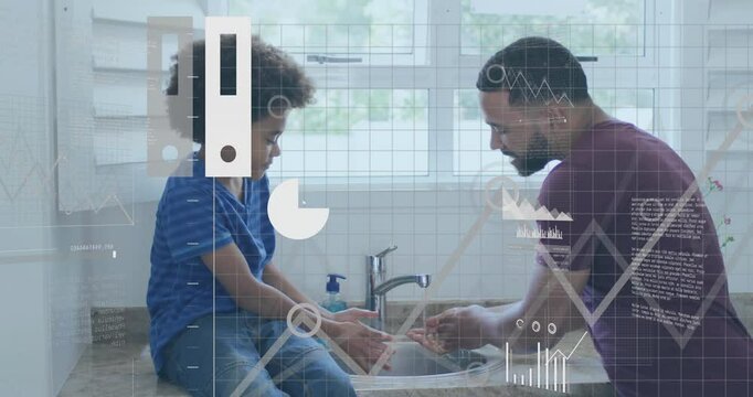 Father guiding son while washing hands under running faucet for hygiene with blue soap dispenser