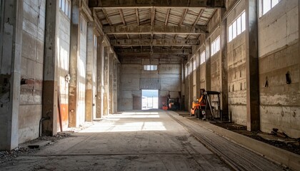 Obraz premium Weathered Grain Silo Interior with Forklifts in Harsh Midday Light