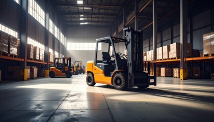Naklejka premium High Bay Warehouse with Forklifts Casting Dramatic Shadows