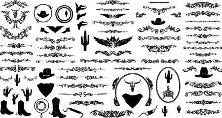 A large collection of old western design elements, embellishment, borders and divider lines.
