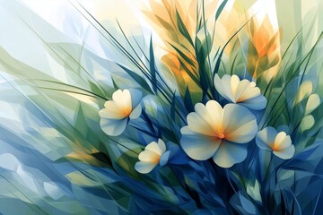 Obraz premium Stylized closeup illustration of plants and flowers in mid-summer, in blue, green, white and red-orange