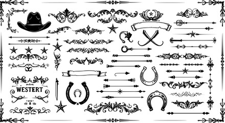 A large collection of old western design elements, embellishment, borders and divider lines.
