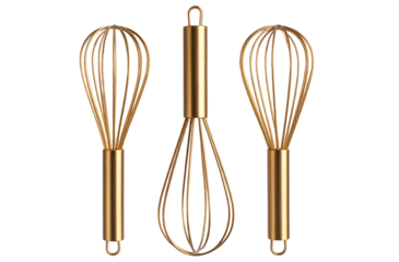  3 super-realistic golden metal whisks with wooden handles, digital art illustration, on a transparent background