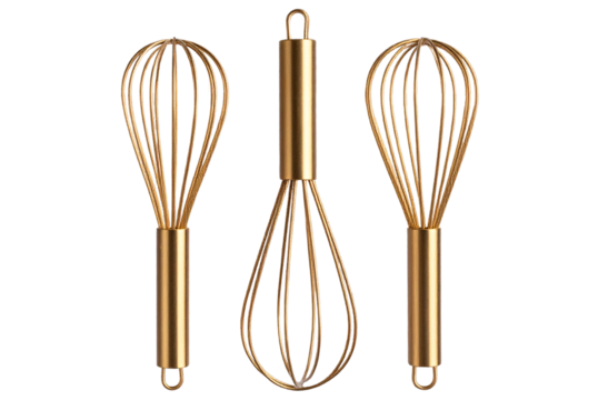  3 super-realistic golden metal whisks with wooden handles, digital art illustration, on a transparent background