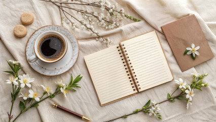Cup of coffee, notebook, cookies and spring flowers on bed
