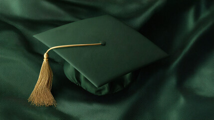 Elegant dark green graduation cap with golden tassel resting on smooth forest green silk fabric illuminated by soft light reflections