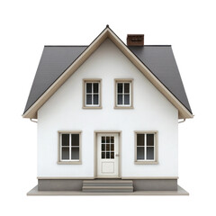 Simple house with gabled roof, featuring front door and multiple windows, exuding welcoming atmosphere