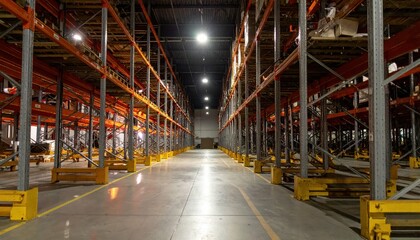 Weathered Warehouse Shelving Units at Night with Flickering Lights