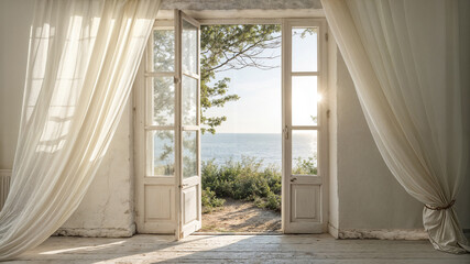 View of the sea through the window of an old house in Greece