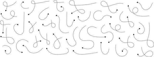 Hand drawn dotted arrows. Hand drawn freehand different curved lines, swirls arrows. Curved arrow line. Doodle, sketch style. Isolated Vector illustration.