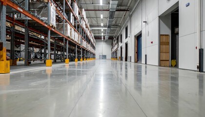 Spacious Refrigerated Warehouse with Shelving Units and Reflective Floor