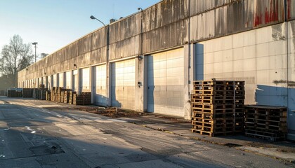 Weathered Warehouse Structure with Sunlit Stacked Pallets in Morning Light