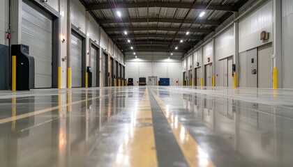 Fototapeta premium Weathered Shipping Depot with Reflective Floor and Barcode Scanners