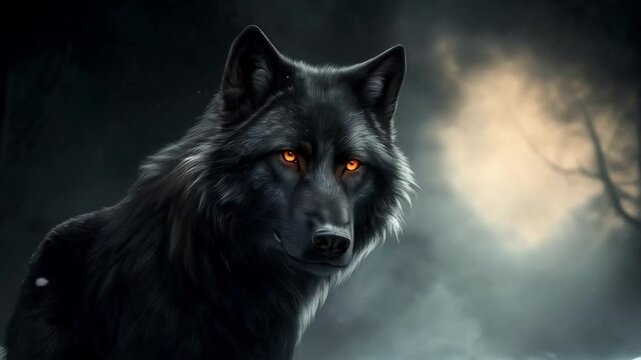 Majestic black wolf with fiery eyes emerging from darkness in dramatic artwork.