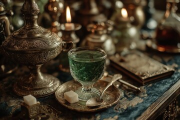 Fototapeta premium Absinthe Ritual Scene with Fountain, Spoon, and Candlelit Green Glass