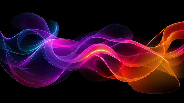 Abstract Color Lines with a Gradient on a Black Background. Vector Curved Shapes - Graphic Elements for Pattern Design and Posters. 3D Wave Doodle Ribbons 