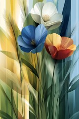 Stylized closeup illustration of plants and flowers in mid-summer, in blue, green and red-orange