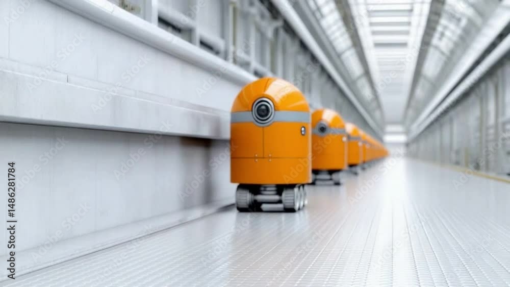 Aufkleber Robots Lineup in Futuristic Corridor: A row of modern robots stands at attention within a clean, illuminated futuristic corridor.