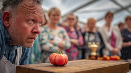 Fototapeta premium Pink Tomato Festival. Judge examining perfect specimen pink tomato on wooden display table at festival competition, serious expression, other contestants anxiously watching in background