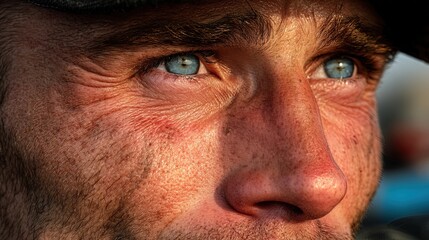 Obraz premium A close-up of a weathered man's face with piercing blue eyes, capturing deep emotion and intensity under warm sunlight