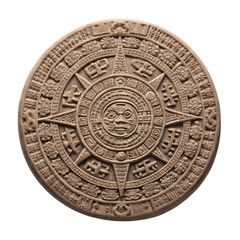 Ancient stone calendar with intricate carvings and symbols, showcasing central face and detailed patterns, evokes sense