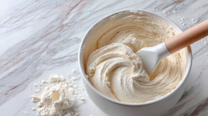 A bowl of white frosting is being stirred with a wooden spoon