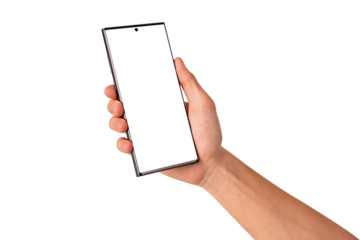Hand holding smartphone with blank screen isolated. Premium high quality studio shot. Concept for technology, business, finance and advertising.