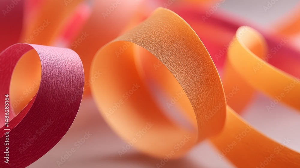 Poster curled paper petals in shades of orange and red twist elegantly, revealing textured edges that catch