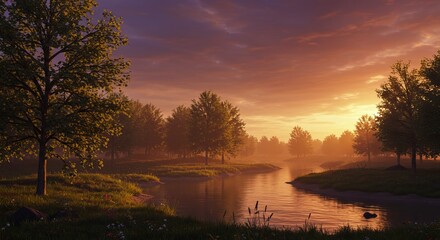 Serene Sunset Landscape Golden Hour River Scene with Misty Trees