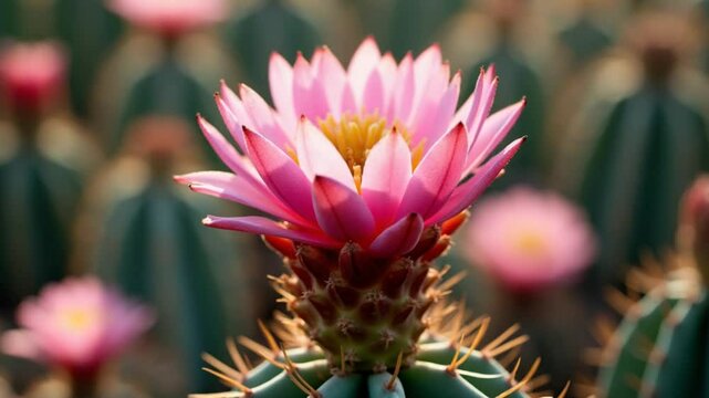 Timelapse 4K. Flowers are blooming.  Cactus, pink  gymnocalycium flower, blooming atop a long,
