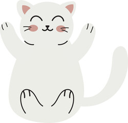 Happy White Cat Raising Paws – Flat Vector Cute Animal Illustration

