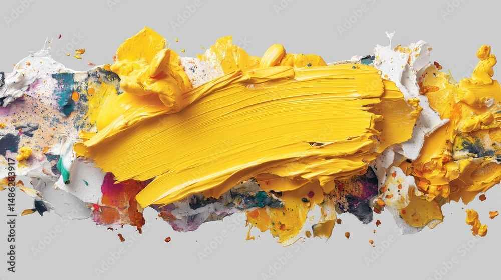 Aufkleber a dynamic yellow paint stroke on a white canvas reveals unique textures and splatters, embodying art