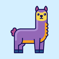 Stylized purple and yellow cartoon llama with a blue background