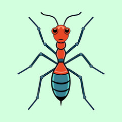 Cartoon Ant Illustration with Red Head and Blue Abdomen on Green Background