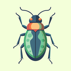 Stylized Green and Teal Beetle Illustration with Simple Shapes and Background