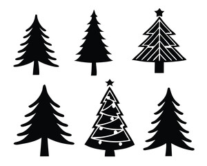 Black Christmas Tree Silhouette Icons Set – Festive Pine Tree Vector Collection for Holiday Designs and Seasonal Decorations.