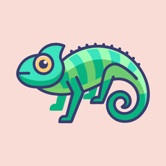 Stylized Green and Blue Chameleon Illustration on a Light Pink Background