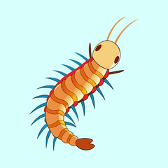 Cartoon Centipede Illustration with Orange Body and Blue Legs on Light Background